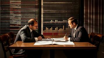 Two faces of businessmen meeting by table with graph sheet in front of them, business and marketing stock photos
