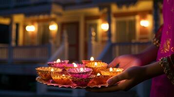 en el ocasión de diwali personas sostener diyas o velas iluminado arriba en frente de el casa, diwali valores imágenes, realista valores fotos