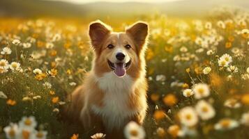 encantador corgi perro con flores en el primavera. generativo ai foto