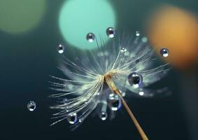 Beautiful dew drops on a dandelion seed macro. Beautiful blue background. Generative AI photo