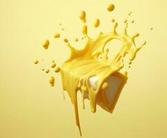 Cheese sauce splashing in the air with cheddar cheese, 3d rendering. Generative AI photo