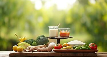 Closeup of vegetables, fruits, and meat on wooden table over green natural background. Generative AI photo