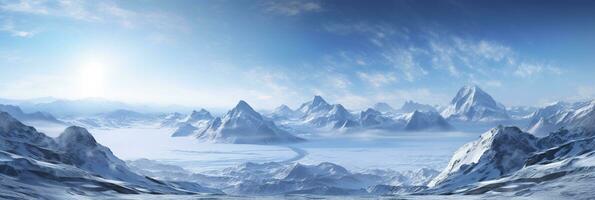 vast desolated snow land, big mountains in the background, snowfall with light blue sky and light blue colors, peaceful atmosphere,  AI Generative photo