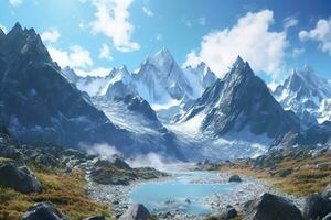 The beauty of a majestic and snow capped mountain range, with rugged peaks, AI Generative photo