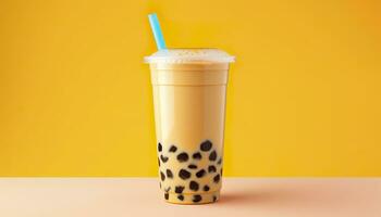 A bubble tea in a plastic cup. Generative AI photo