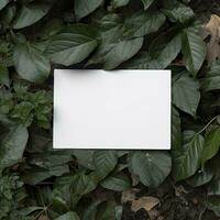 Blank business card on green leaves background. Generative AI photo