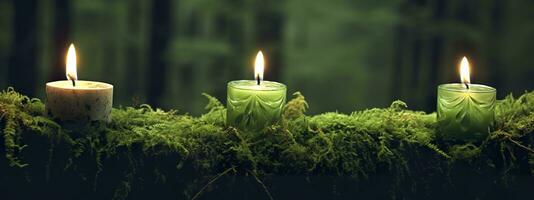 Burning candles on moss, dark green blurred the natural background. Magic candle. Generative AI photo