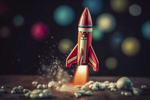 Toy rocket takes off business and finances success concept. AI Generative photo