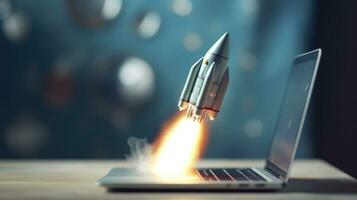 A small rocket takes off from a Laptop with vibrant color combinations in light sky blue and light gray colors for a website, business, and financial success concepts.  AI Generative photo