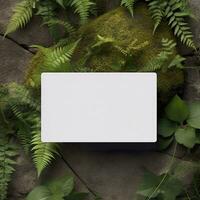 Blank business card on green leaves background. Generative AI photo