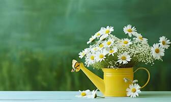 Chamomile flowers bouquet in watering can and butterfly on the table in the garden. Generative AI photo