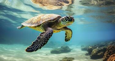 Photo of Sea turtle in the Galapagos island. Generative AI