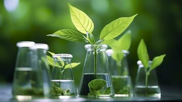 biotecnología concepto con verde planta hojas, laboratorio cristalería, y conductible investigación, ilustrando el poderoso combinación de naturaleza y Ciencias en médico avances ai generativo foto