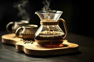 An alternative coffee brewing method is pure over, a glass teapot on a wooden tray. Generative AI photo