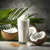 Coco Leche sacudir vaso con Fresco rebanado Coco. generativo ai foto