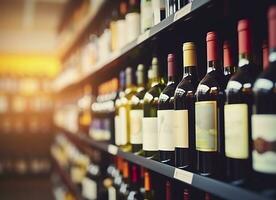 resumen difuminar vino botellas en espíritu alcohol estantería en supermercado Tienda antecedentes. generativo ai foto