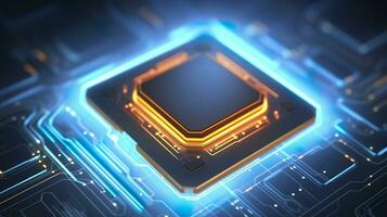 Top View of a Chip with Glowing Light and Fog in Orange and Blue. AI Generative photo