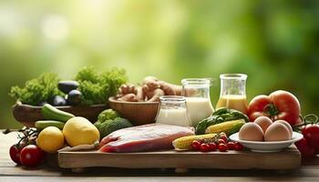 Closeup of vegetables, fruits, and meat on wooden table over green natural background. Generative AI photo