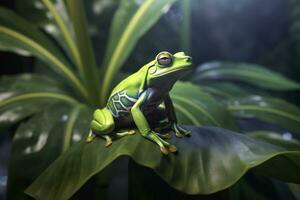 Tree Frog sitting on plant. AI Generated photo