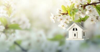 Toy house and cherry flowers, spring abstract natural background. Generative AI photo