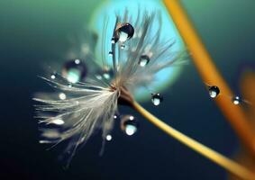 Beautiful dew drops on a dandelion seed macro. Beautiful blue background. Generative AI photo