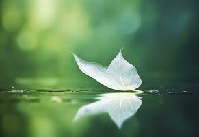 White transparent leaf on mirror surface with reflection on green background macro. Generative AI photo