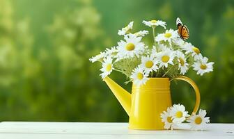 Chamomile flowers bouquet in watering can and butterfly on the table in the garden. Generative AI photo