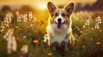 Charming corgi dog with flowers in the spring. Generative AI photo