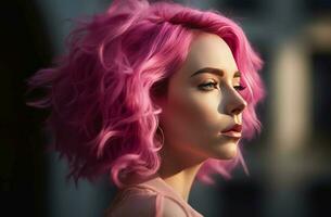 Woman pink hair model. Generate Ai photo