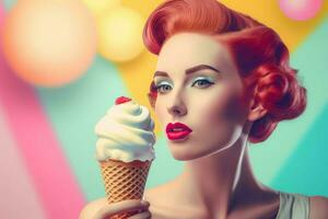 Woman retro icecream shot. Generate Ai photo