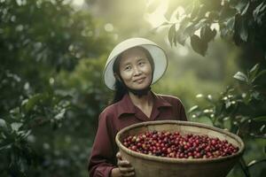 Woman collecting coffee in basket. Generate Ai photo