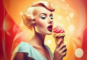 Woman retro icecream. Generate Ai photo