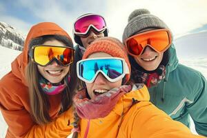 Skiing friends selfie. Generate Ai photo