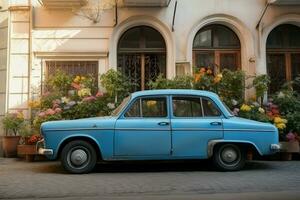 Retro blue rusty car near flowers. Generate Ai photo