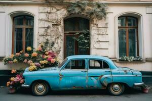 Retro blue rusty car near building. Generate Ai photo