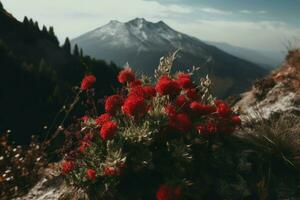 Red flowers mountain view. Generate Ai photo