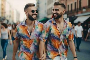 lgbt orgullo hombre Pareja juntos. generar ai foto