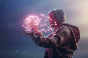 Man digital pink heart lights. Generate Ai photo