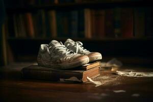 Dirty white sneakers on book. Generate Ai photo