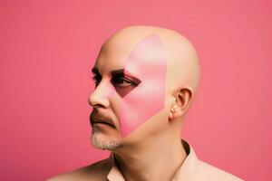 Bald man pink makeup face. Generate Ai photo