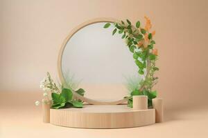 Natural product presentation podium mirror. Generate Ai photo