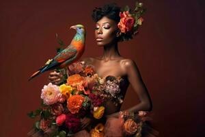 Woman fashion flowers birds portrait. Generate Ai photo