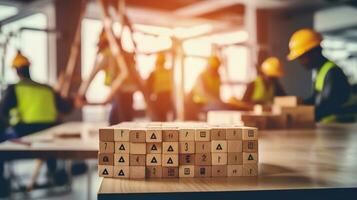 trabajo la seguridad concepto la seguridad a el lugar de trabajo y conformidad en de madera cubo bloques trabajando estándar proceso cero accidentes utilizando para la seguridad conciencia bandera. ai generativo foto