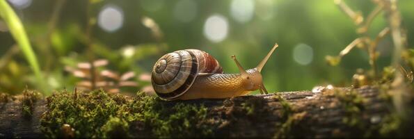 un viaje mediante el bosque. de cerca de un caracol en el bosque con natural antecedentes. ai generativo foto