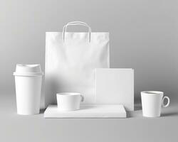 Blank bag, coffee mug, and cup on a light background. Generative AI photo