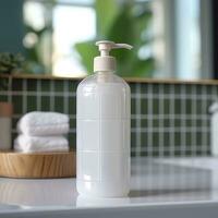 A white bottle of shampoo stands on the table in bathroom. AI Generative photo