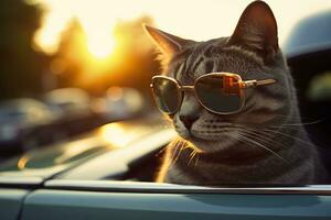 Capture a dreamy reflection by photographing a cat wearing sunglasses with a vintage Leica M6, highlighting the texture and contrast of an old timer car. AI Generative photo