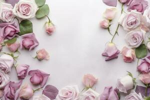 Close up of blooming pink roses flowers and petals isolated on white table background. Floral frame composition. Decorative web banner. Empty space, flat lay, top view. AI Generative photo