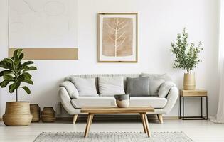 Boho open space interior in a cozy apartment with a design. Generative AI photo