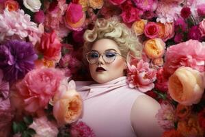 Curvy woman flowers fashion Generate Ai photo